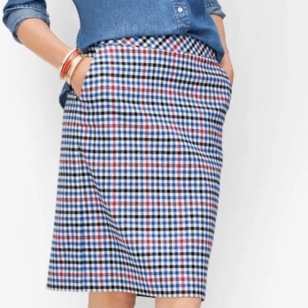 Talbots Skirt Red White Blue Gingham Twill Pencil Midi Skirt Sz 6 *Read Note